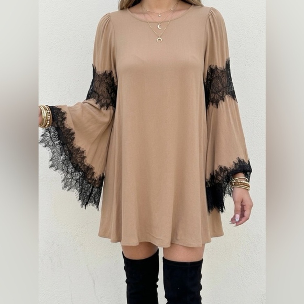 FOR LOVE & LEMONS Festival Dress Tan Black Lace Bell Sleeve Mini